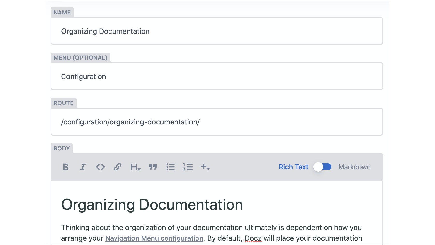 documentation item attributes